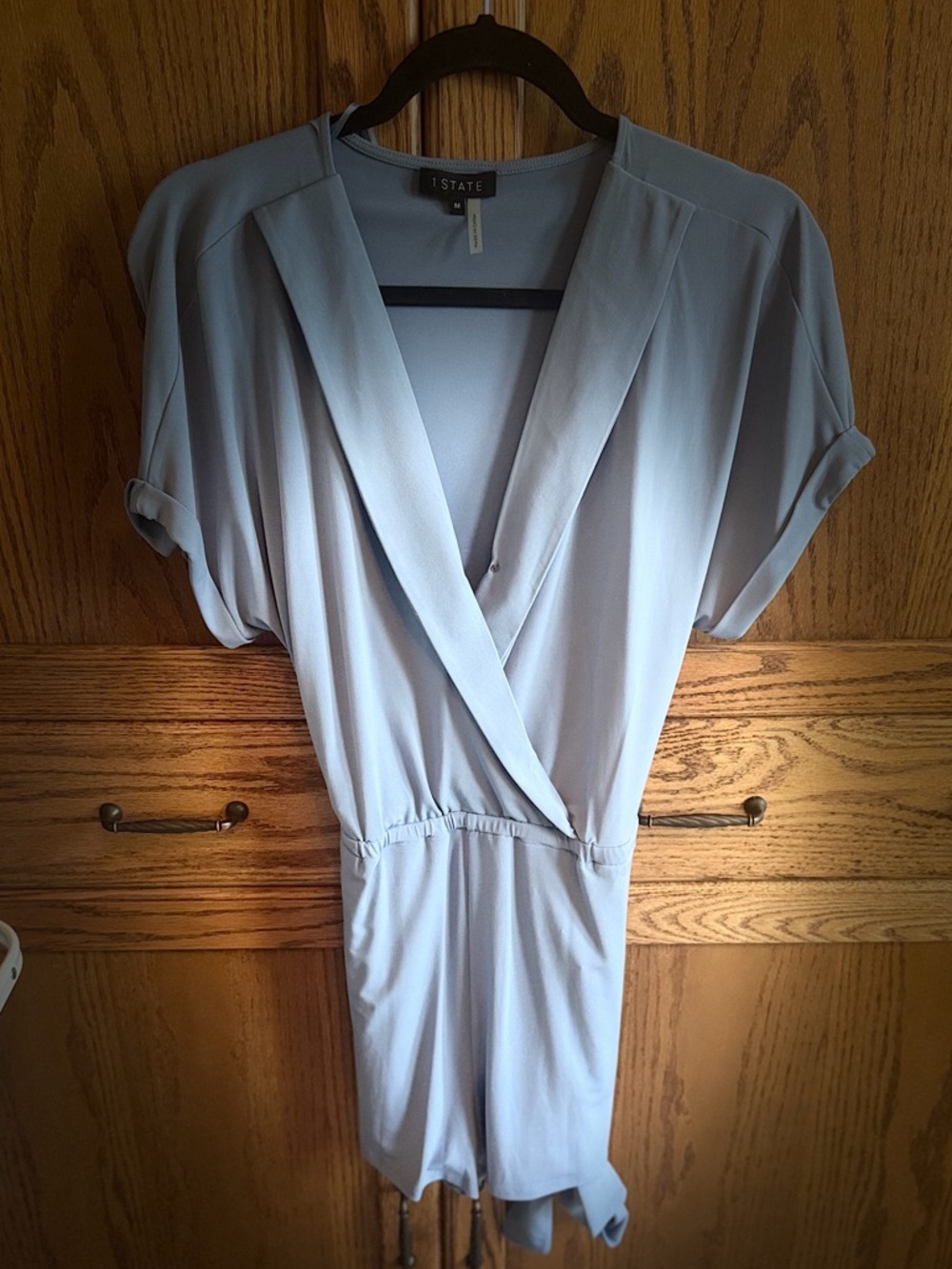 1. State Light Blue Wrap-Front Short Sleeve Romper